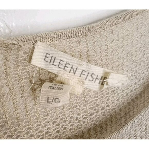 Eileen Fisher Sz Large Tunic Sweater Crochet Netting Accent 100% Wool Beige - Picture 3 of 5